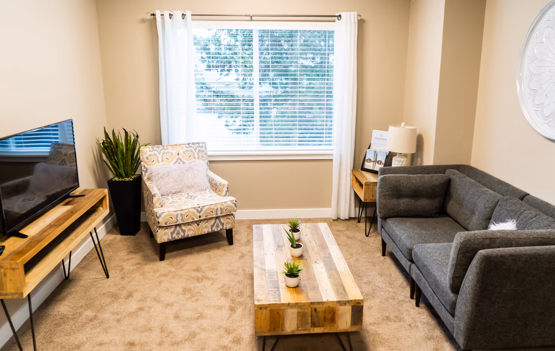 A cozy living room with a gray sectional sofa, a patterned armchair with a fluffy pillow, a wooden coffee table with three small potted plants, a wooden TV stand with a flat-screen TV, a tall green plant in a black pot, a side table with a lamp and brochures, beige carpet, beige walls, and a large window with white curtains and blinds showing trees outside.