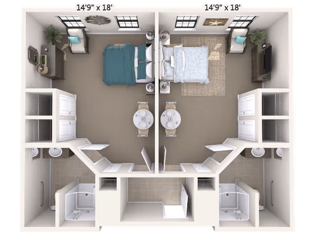 Top-down floor plan of two adjacent senior living studio apartments, each with a bedroom area featuring a bed, chair, and TV, a small dining table with two chairs, a closet, and a bathroom with a shower, sink, and toilet. Both apartments measure 14'9" by 18'.