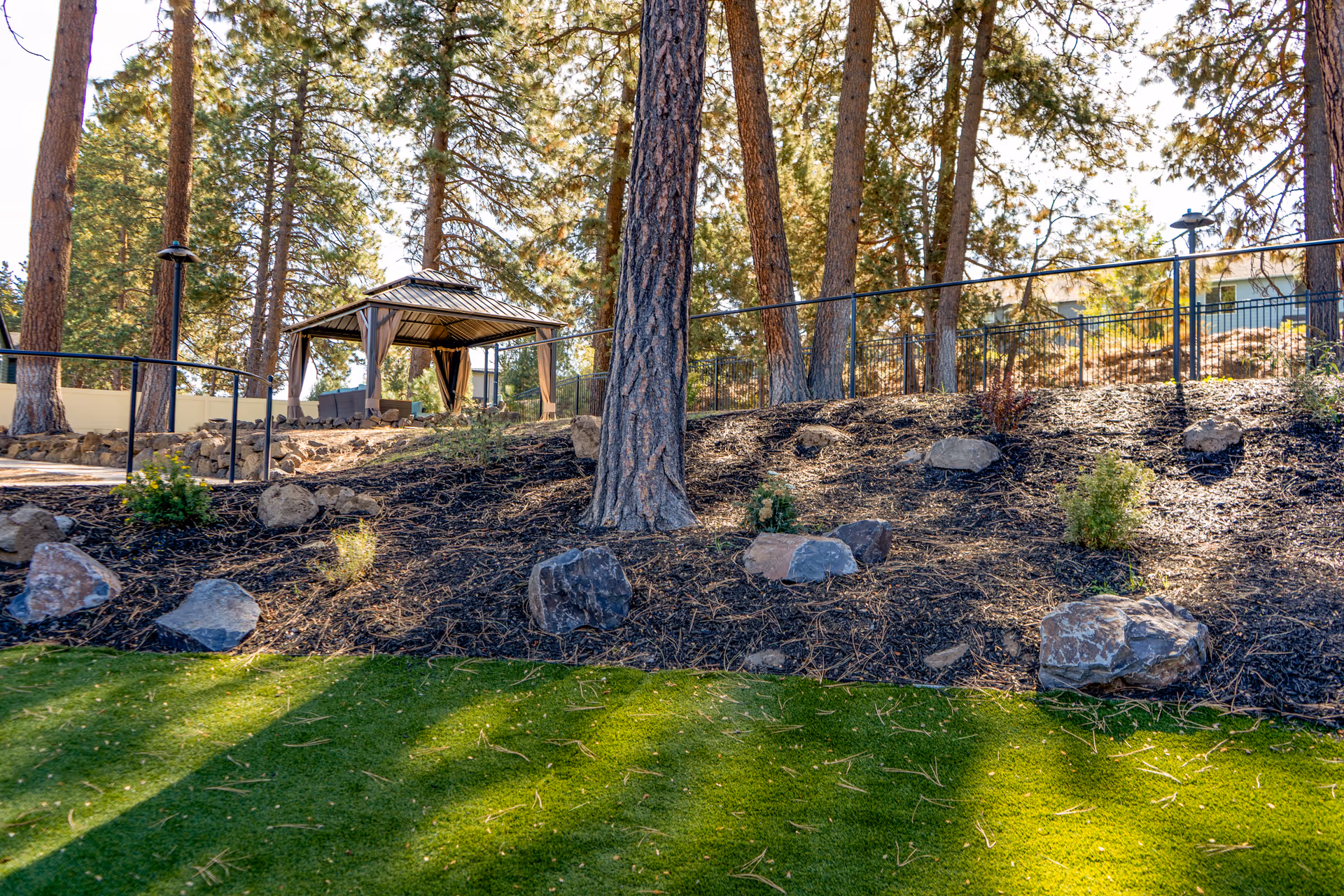 Outdoor area with tall pine trees, a grassy lawn in the foreground, a sloped garden bed with rocks and small plants, and a gazebo with outdoor seating in the background surrounded by a black metal fence.