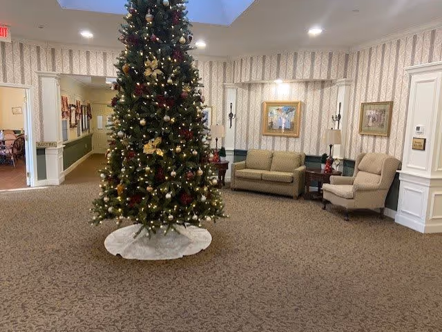 A decorated Christmas tree with lights and ornaments stands in the center of a carpeted room with beige patterned wallpaper. To the right, there are two armchairs and a small table with a lamp, and framed artwork hangs on the wall. The left side shows a hallway leading to a dining area with tables and chairs.