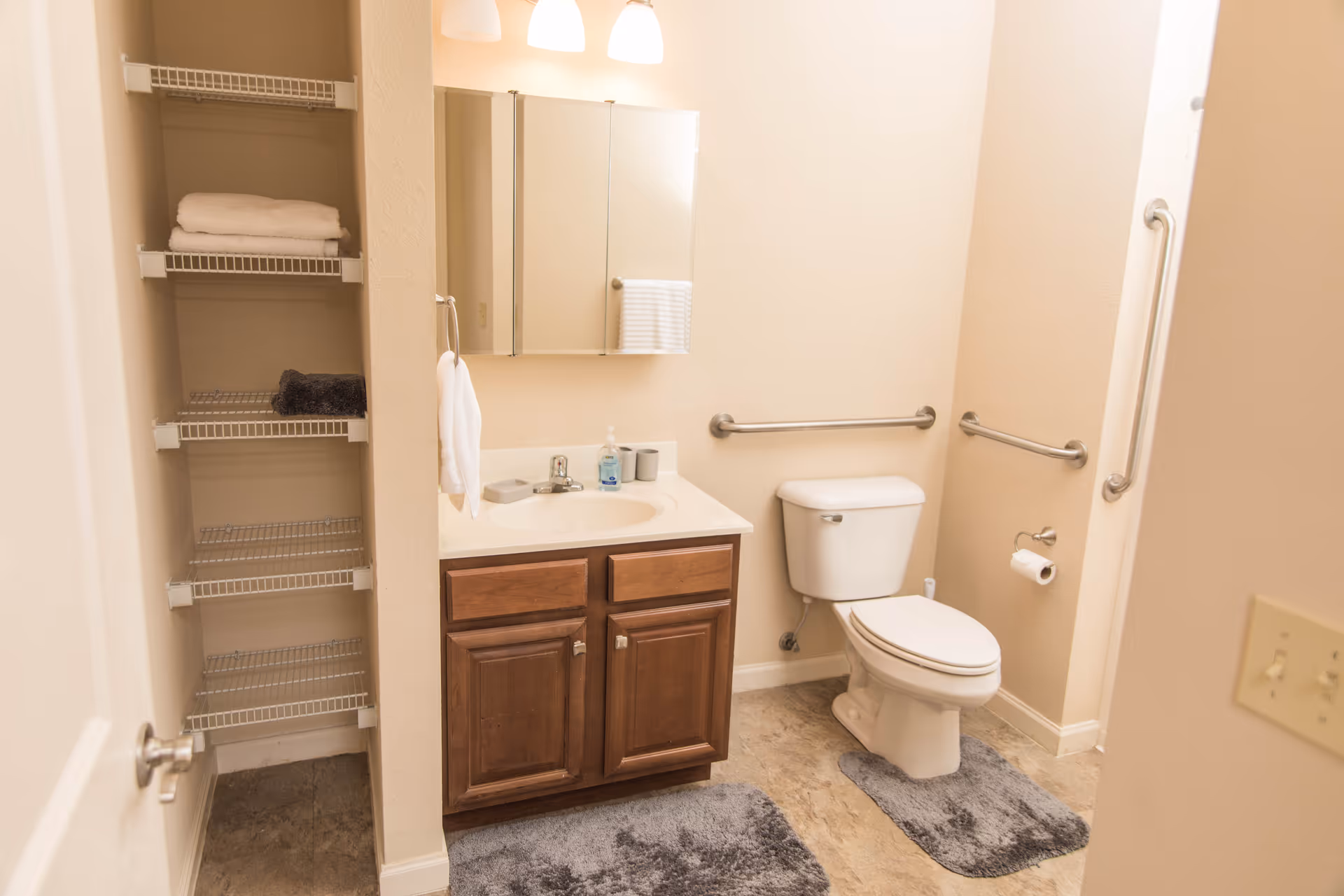 Well-lit accessible bathroom with a sink vanity, mirror, toilet with grab bars, open shelving, and bath mats on the floor.