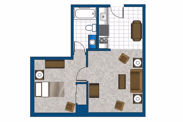 Floor plan of a senior living apartment at The Bridge at Ocala showing a bedroom with a bed, nightstand, and chair; a living room with a sofa, two chairs, coffee table, and side tables; a kitchen with a stove, sink, and dining table; and a bathroom with a bathtub, toilet, and sink.