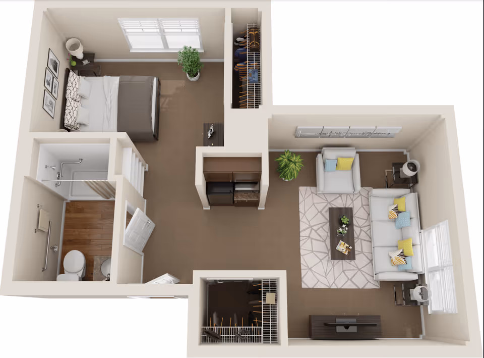 3D floor plan of an assisted living apartment showing a bedroom with a bed, nightstand, and closet; a bathroom with a shower, toilet, and sink; and a living room with a sofa, armchair, coffee table, TV stand, and decorative plants.