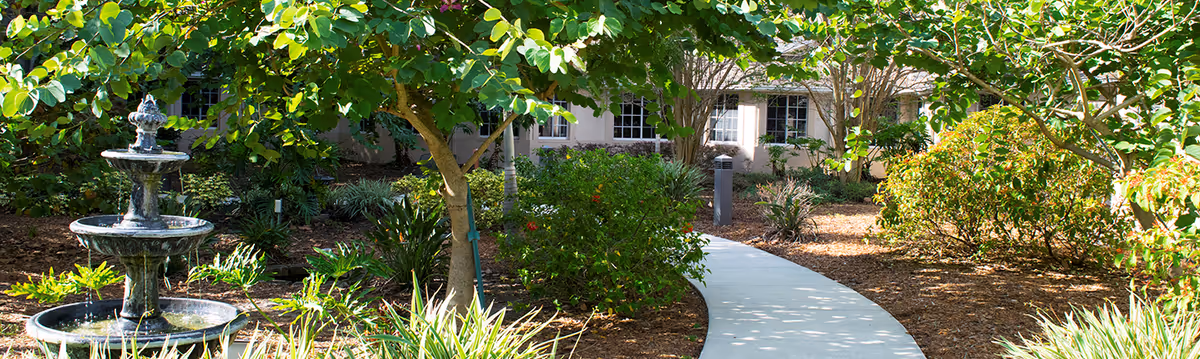 A curved concrete pathway leading through a garden area with various green shrubs, trees, and a three-tiered water fountain on the left side. In the background, there is a building with multiple windows partially visible through the foliage.