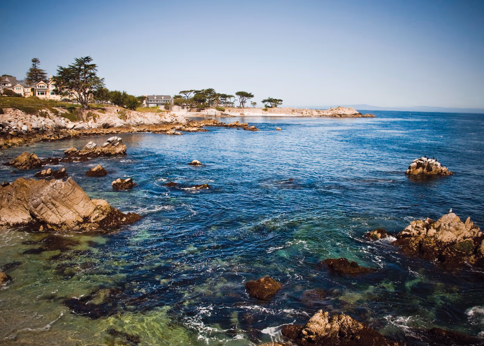 Rocky coastline with clear blue water and waves gently crashing against the rocks. Trees and houses are visible along the shore under a clear blue sky.