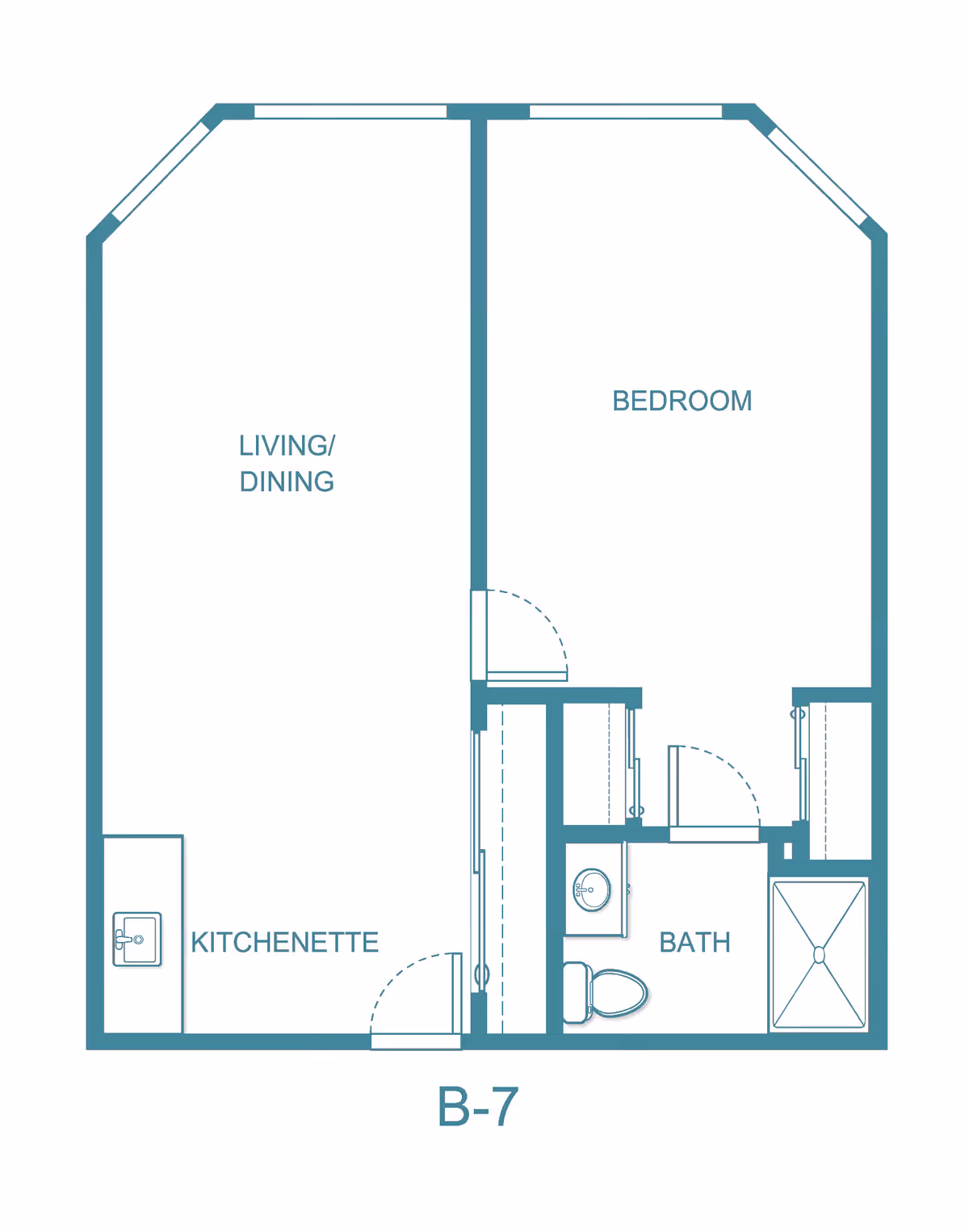 Floor plan labeled B-7 showing a layout with a living/dining area, kitchenette, bedroom, and bathroom including a sink, toilet, and shower.