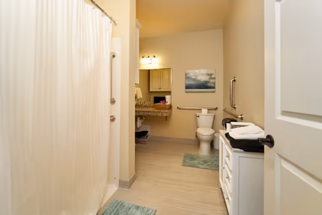 Bright accessible bathroom with a shower and curtain, toilet with grab bars, sink vanity, and storage cabinet.
