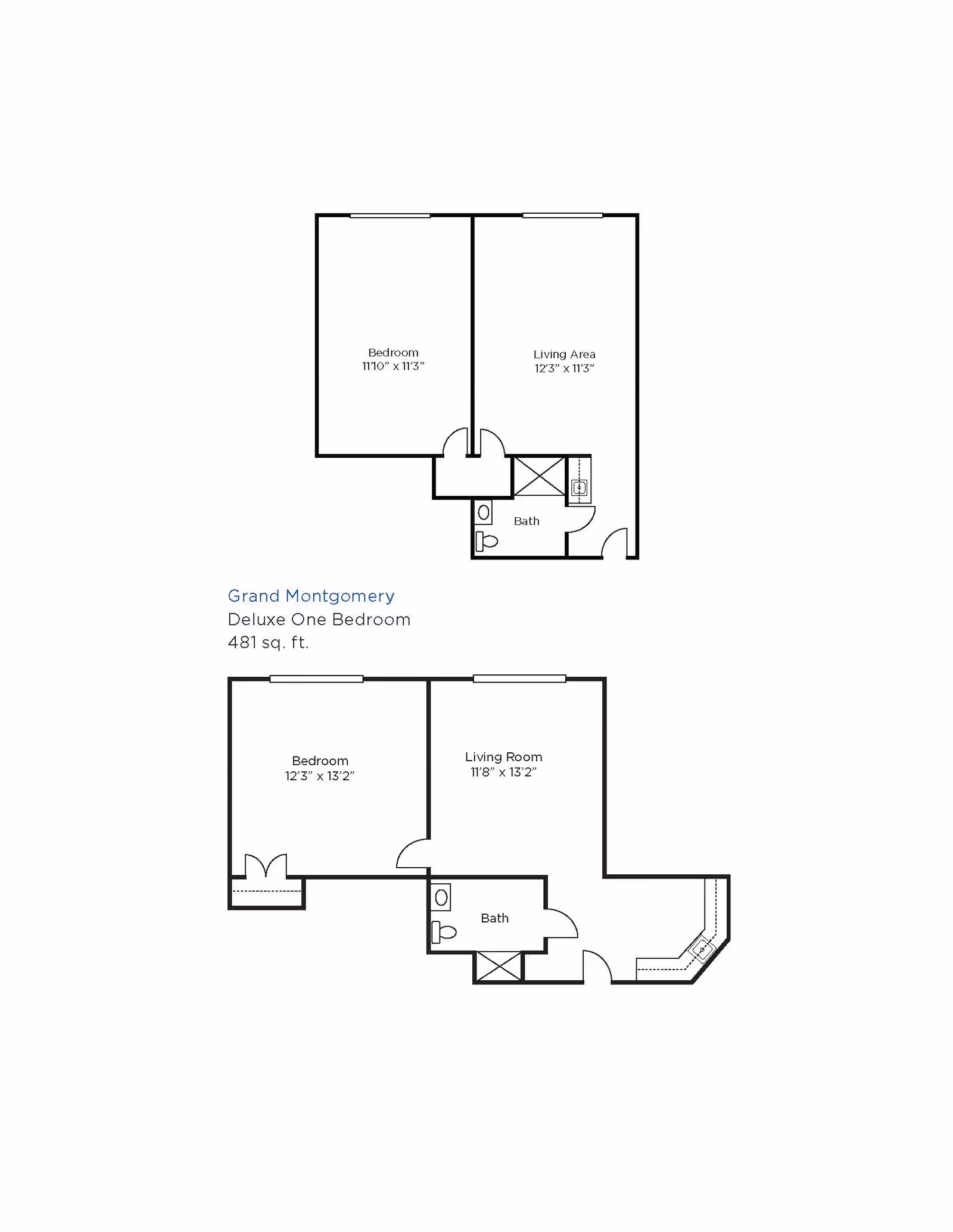 Two architectural floor plans for one-bedroom apartments labeled Grand Montgomery Deluxe One Bedroom, showing layouts with bedroom, living area or living room, and bath with dimensions.