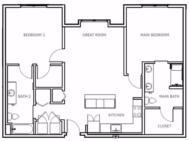Architectural floor plan of an apartment featuring two bedrooms, two bathrooms, a great room, and a kitchen. The main bedroom includes a main bath and closet. Bedroom 2 is adjacent to Bath 2. The kitchen is open to the great room area.
