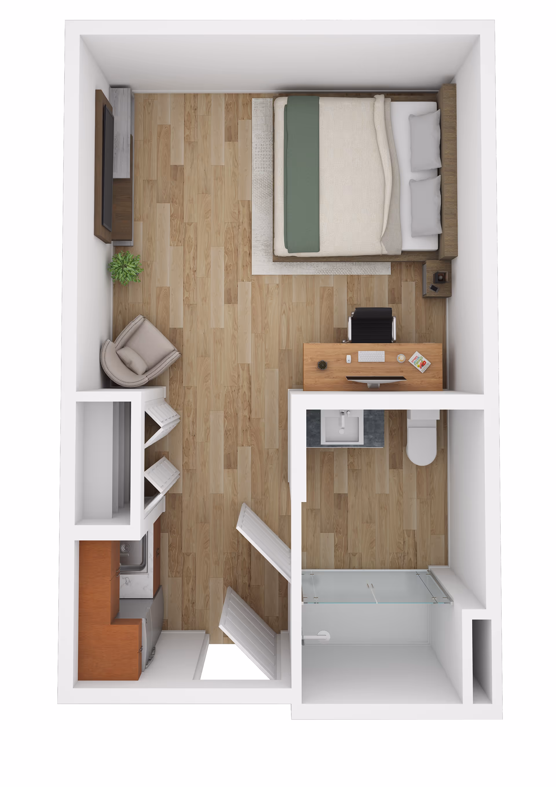 Top-down view of a small apartment floor plan featuring a bedroom with a bed, desk, chair, and TV, a bathroom with a shower, toilet, and sink, and a kitchenette area with cabinets and a refrigerator.