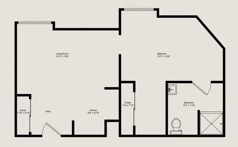 Floor plan layout of an apartment at Independence Court of Hyattsville showing a living room, bedroom, kitchen, bathroom, entry, and two closets with dimensions.