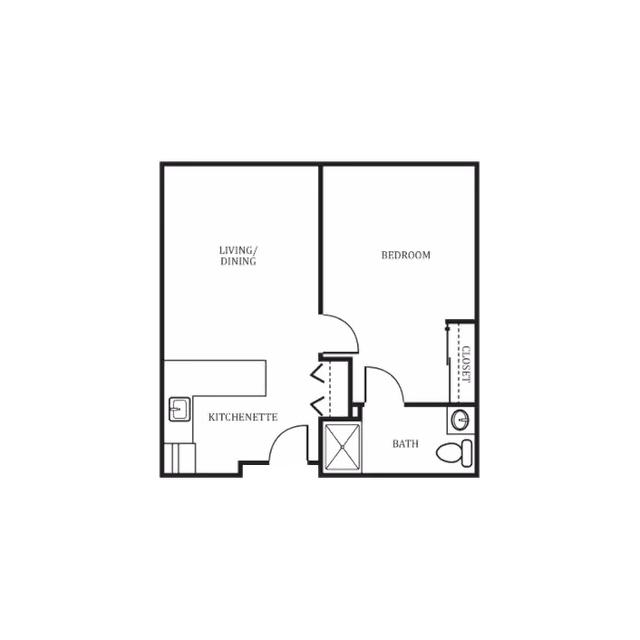 Floor plan of a one-bedroom unit at Heritage Oaks showing a living/dining area, kitchenette, bedroom, bathroom, and closet.