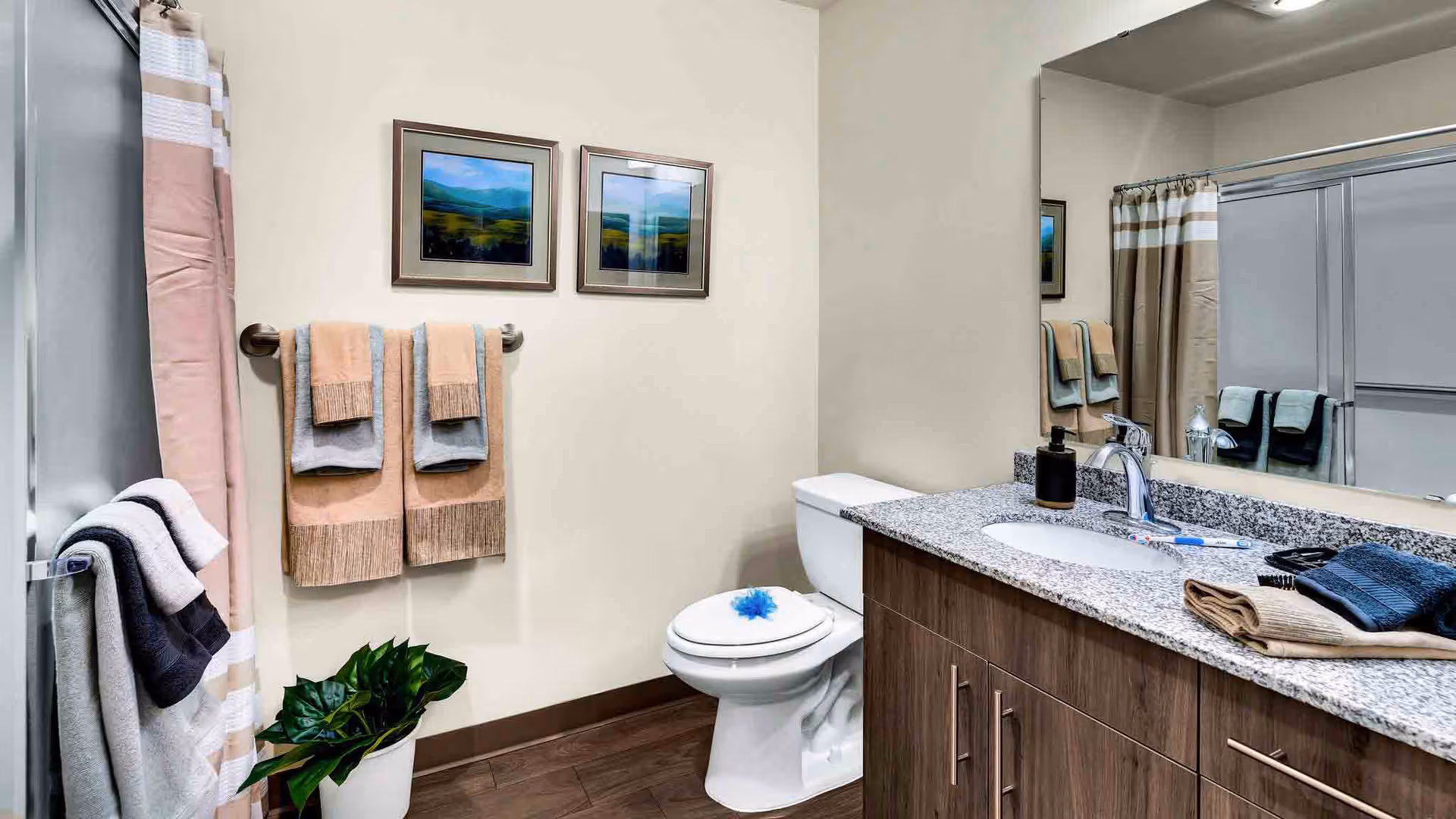Bright modern bathroom with a granite-topped vanity and sink, large mirror, toilet, shower with curtain, neatly hung towels and a potted plant.