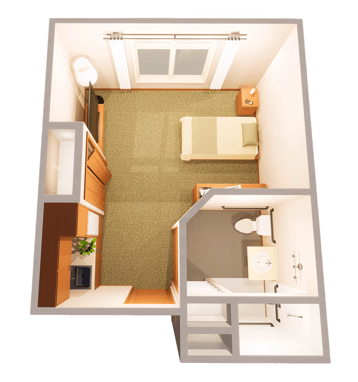 Top-down view of a small assisted living apartment featuring a single bed with a pillow and blanket, a nightstand with a lamp and phone, a TV on a stand, a kitchenette with a sink and cabinets, and an attached bathroom with a toilet, sink, and shower equipped with grab bars.