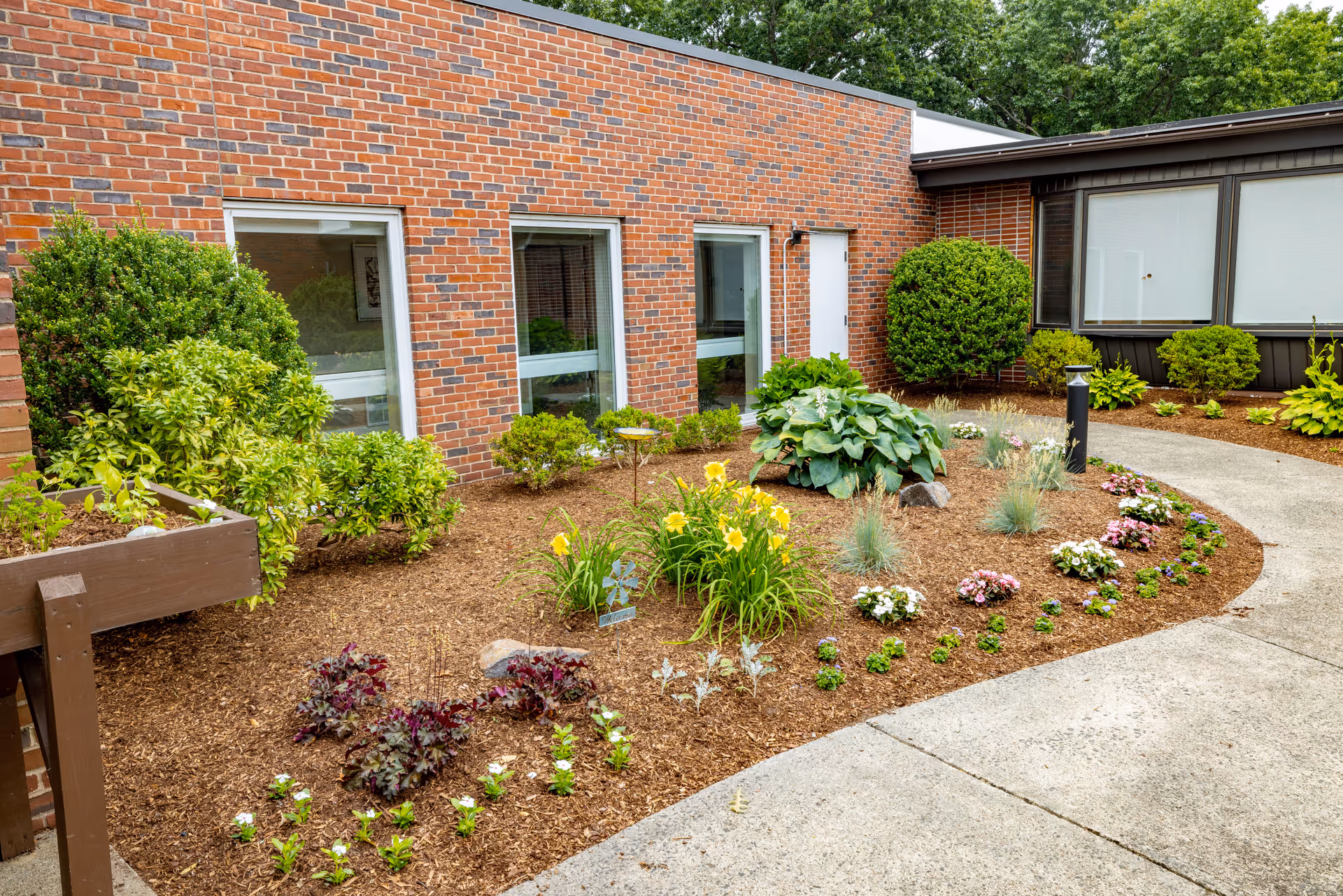 A landscaped garden area outside a brick building with various plants and flowers, including yellow daylilies, small shrubs, and other greenery. There is a curved concrete pathway next to the garden, and windows of the building are visible in the background.