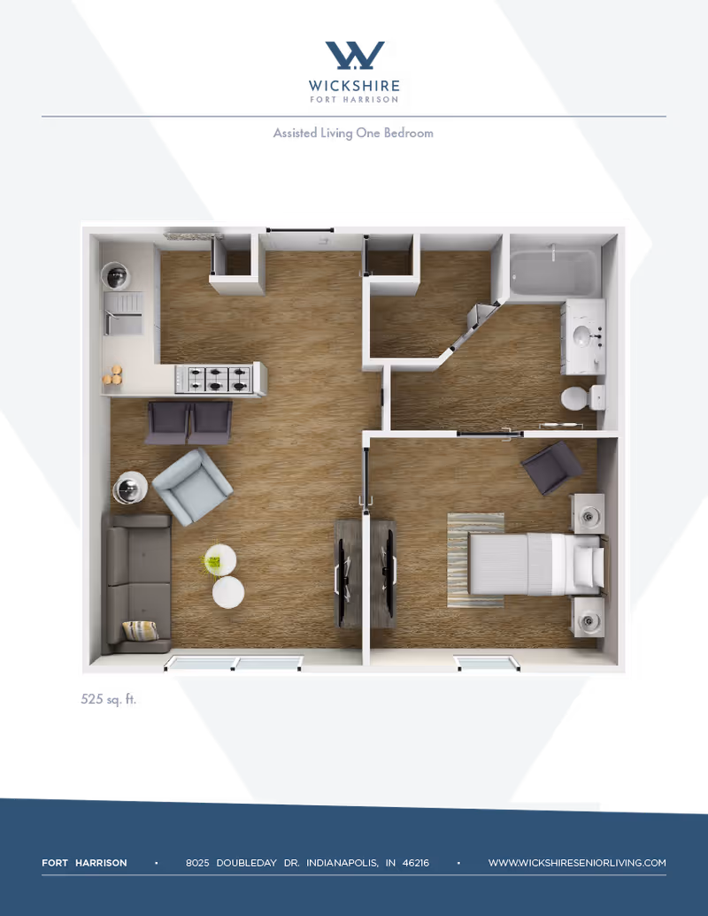 Floor plan of a one-bedroom assisted living apartment at Fort Harrison Assisted Living, showing a living room with sofa, armchair, and TV, a kitchen with stove and sink, a bedroom with a bed and nightstands, and a bathroom with a bathtub, sink, and toilet.
