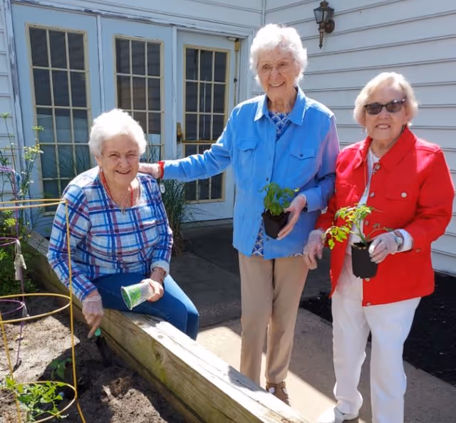 Three elderly women gardening outside near a raised garden bed. One woman is sitting and holding a small gardening tool and a container, while the other two women are standing and holding small potted plants. They are smiling and appear to be enjoying the outdoor activity in front of a building with white siding and glass doors.