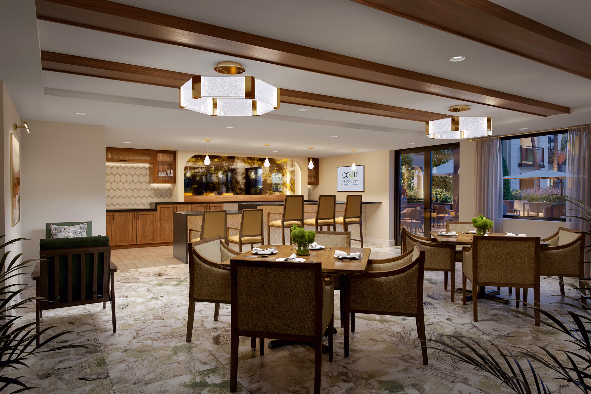 A well-lit dining area in Cogir of South Bay featuring multiple tables with chairs set for meals, a bar counter with high chairs, modern ceiling lights, and large windows with curtains that open to an outdoor patio area.
