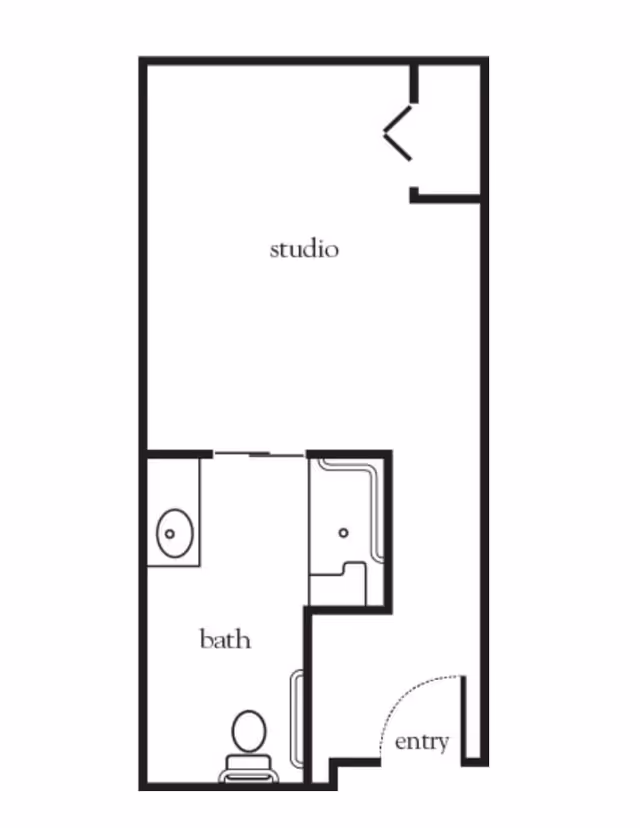Black-and-white floor plan of a studio apartment showing an entry, a bath with toilet, sink and tub, and an open studio area.