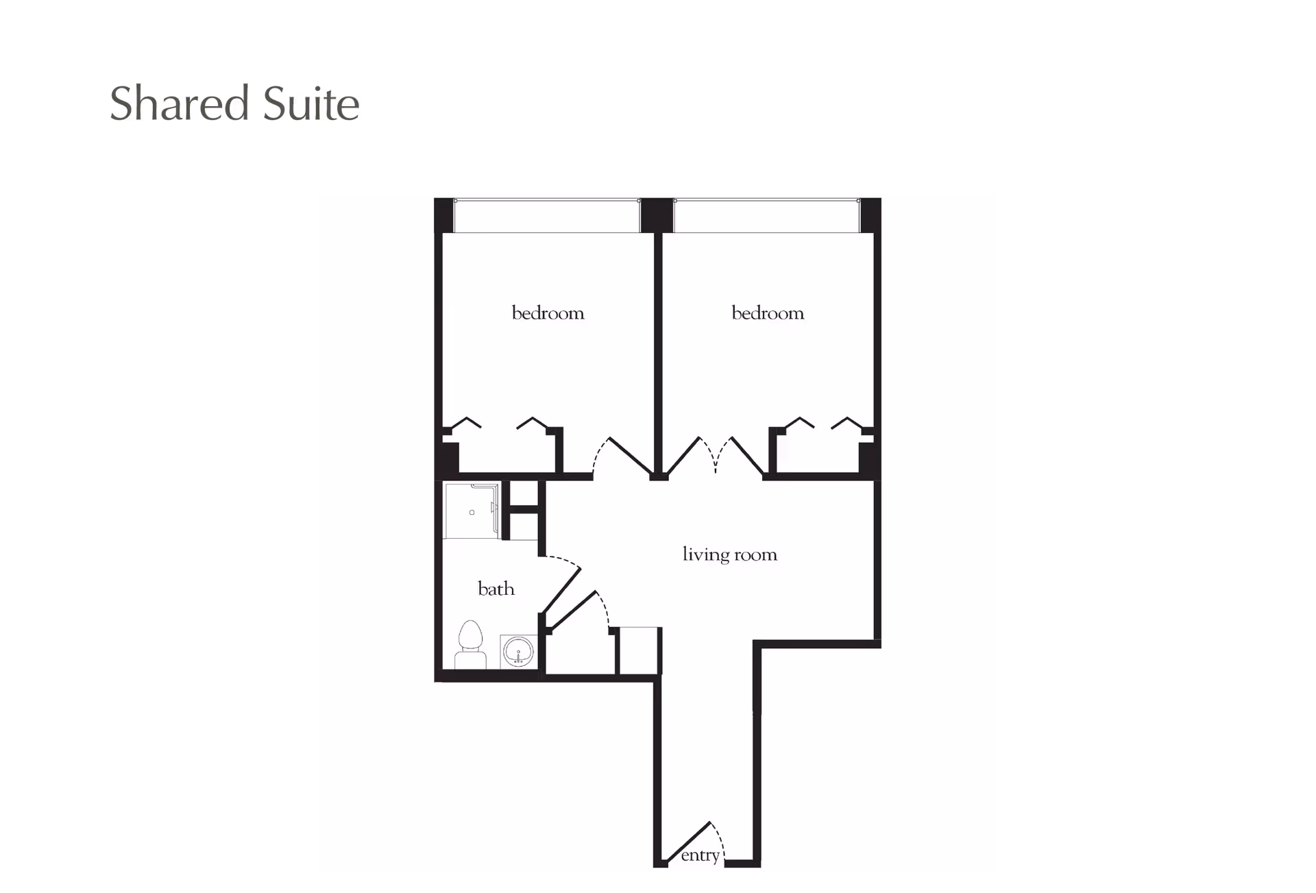 Floor plan of a shared suite featuring two bedrooms, a living room, a bathroom, and an entry area.