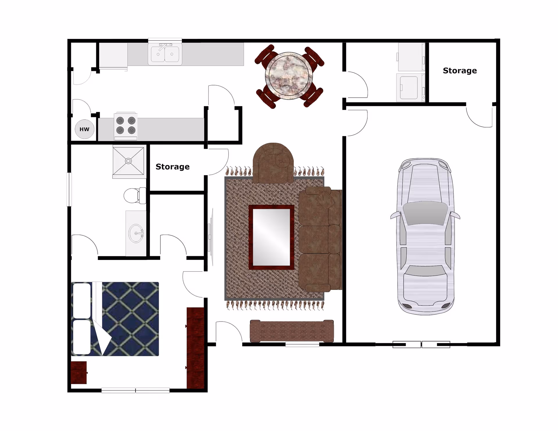 Floor plan of a residential unit showing a bedroom with a bed and dresser, a bathroom with a shower, toilet, and sink, a kitchen with a stove and sink, a dining area with a round table and four chairs, a living room with a sofa, coffee table, and fireplace, two storage rooms, and a garage with a car parked inside.