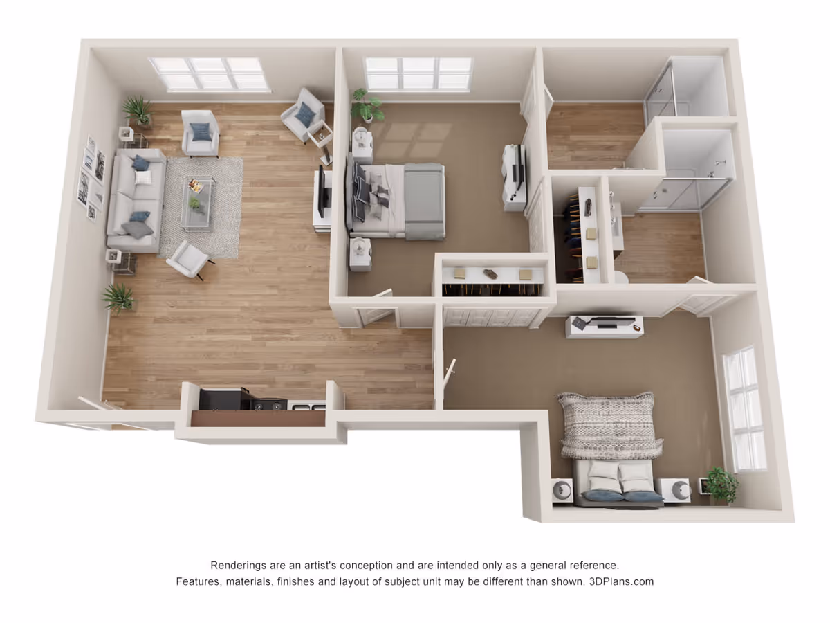 3D floor plan of a two-bedroom apartment with a living room, kitchen, bathroom, and closets. The living room has a sofa, three chairs, a coffee table, and plants. One bedroom has a bed, nightstands, a dresser, and a TV, while the other bedroom has a bed, nightstands, a dresser, and a plant. The bathroom includes a shower, toilet, and sink. The kitchen area is adjacent to the living room.