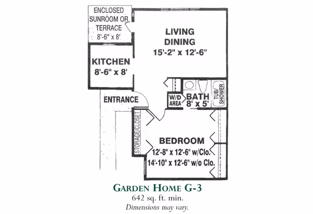 Floor plan of Garden Home G-3 at Meadowood showing an enclosed sunroom or terrace, kitchen, living/dining area, bathroom with tub/shower, bedroom with closet options, storage closet, and washer/dryer area. The total area is 642 square feet minimum.