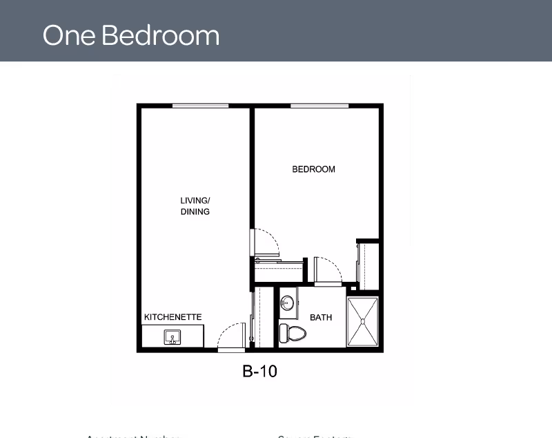 Floor plan of a one-bedroom apartment labeled B-10, showing a living/dining area with a kitchenette, a separate bedroom, and a bathroom with a toilet and shower.