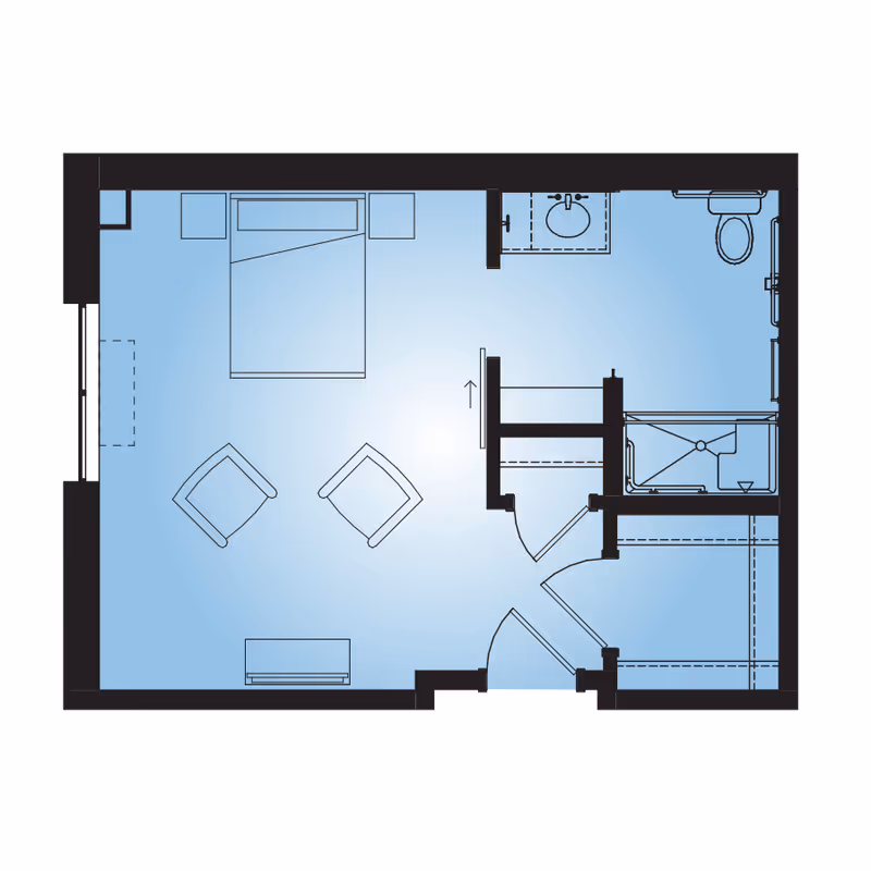 Floor plan of a senior living unit at Anthology of Highland Park showing a bedroom area with a bed, two chairs, and a dresser, along with a bathroom that includes a sink, toilet, and shower.