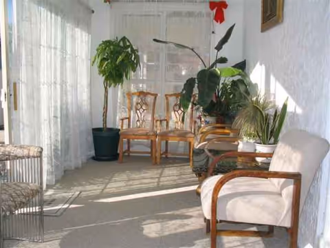 Bright sunlit lounge with wicker chairs, potted plants, and sheer curtains in a glass-enclosed room.