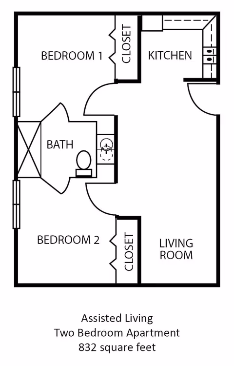 Floor plan of an assisted living two-bedroom apartment with 832 square feet, showing two bedrooms each with a closet, a bathroom, a kitchen, and a living room.