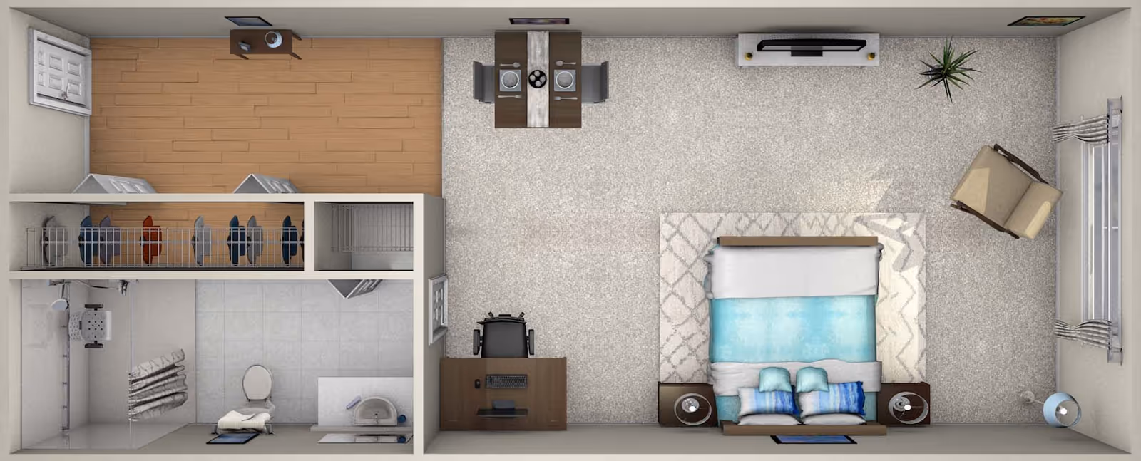 Top-down view of a senior living facility room layout showing a bedroom with a bed, two nightstands, a chair, a desk with a wheelchair, a dining table with two place settings, a closet with hanging clothes, and an adjacent bathroom with a shower, toilet, and sink.