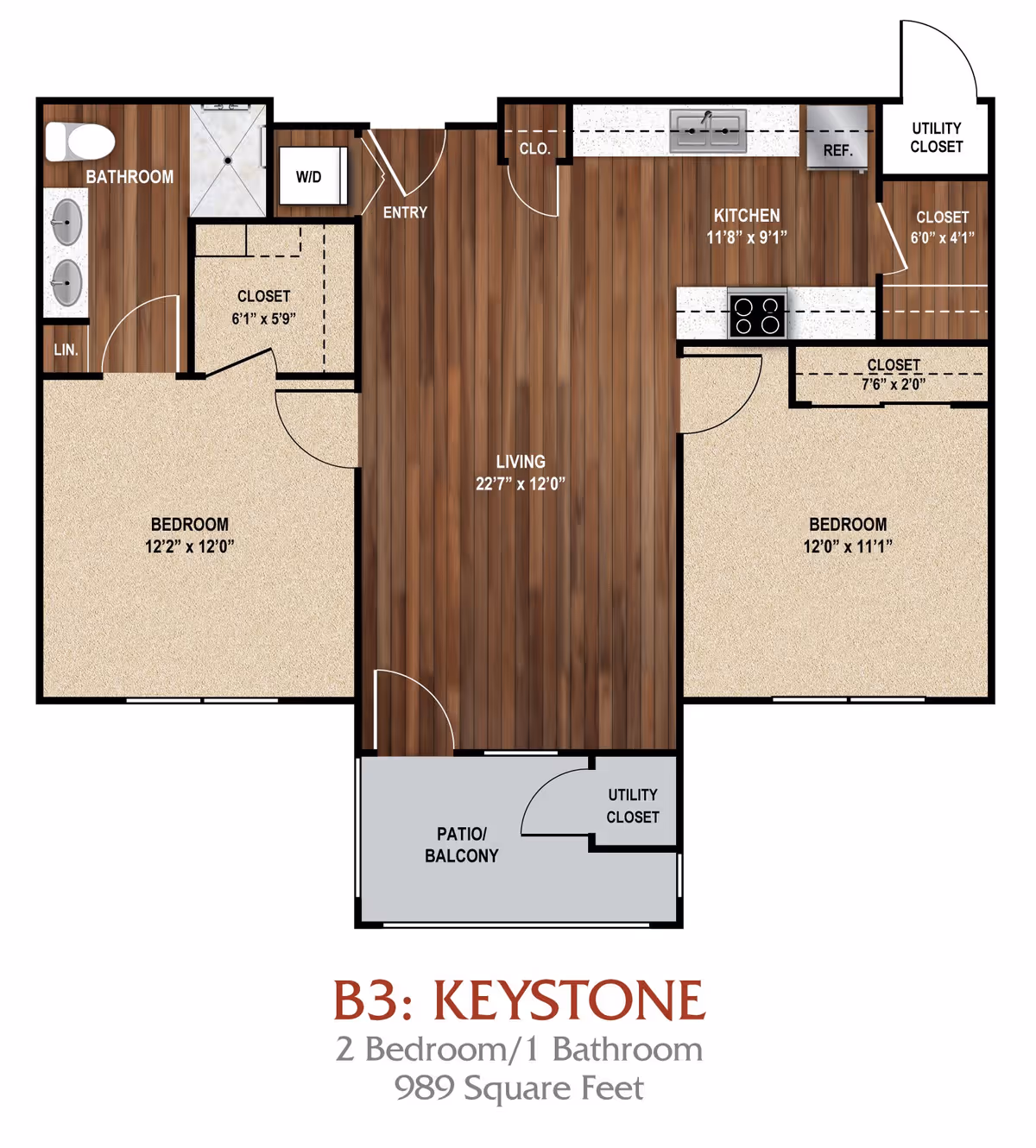 Floor plan of a 2 bedroom, 1 bathroom apartment named B3: Keystone with 989 square feet. The layout includes a living area, kitchen, bathroom, two bedrooms, closets, utility closets, a patio/balcony, and an entry area with washer/dryer.