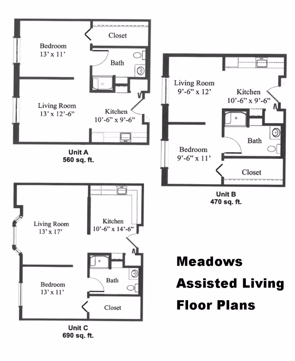 Floor plans for three assisted living units at The Meadows Senior Community. Unit A is 560 sq. ft. with a bedroom, living room, kitchen, bath, and closet. Unit B is 470 sq. ft. with a bedroom, living room, kitchen, bath, and closet. Unit C is 690 sq. ft. with a bedroom, living room, kitchen, bath, and closet. Each unit layout shows room dimensions and arrangement.