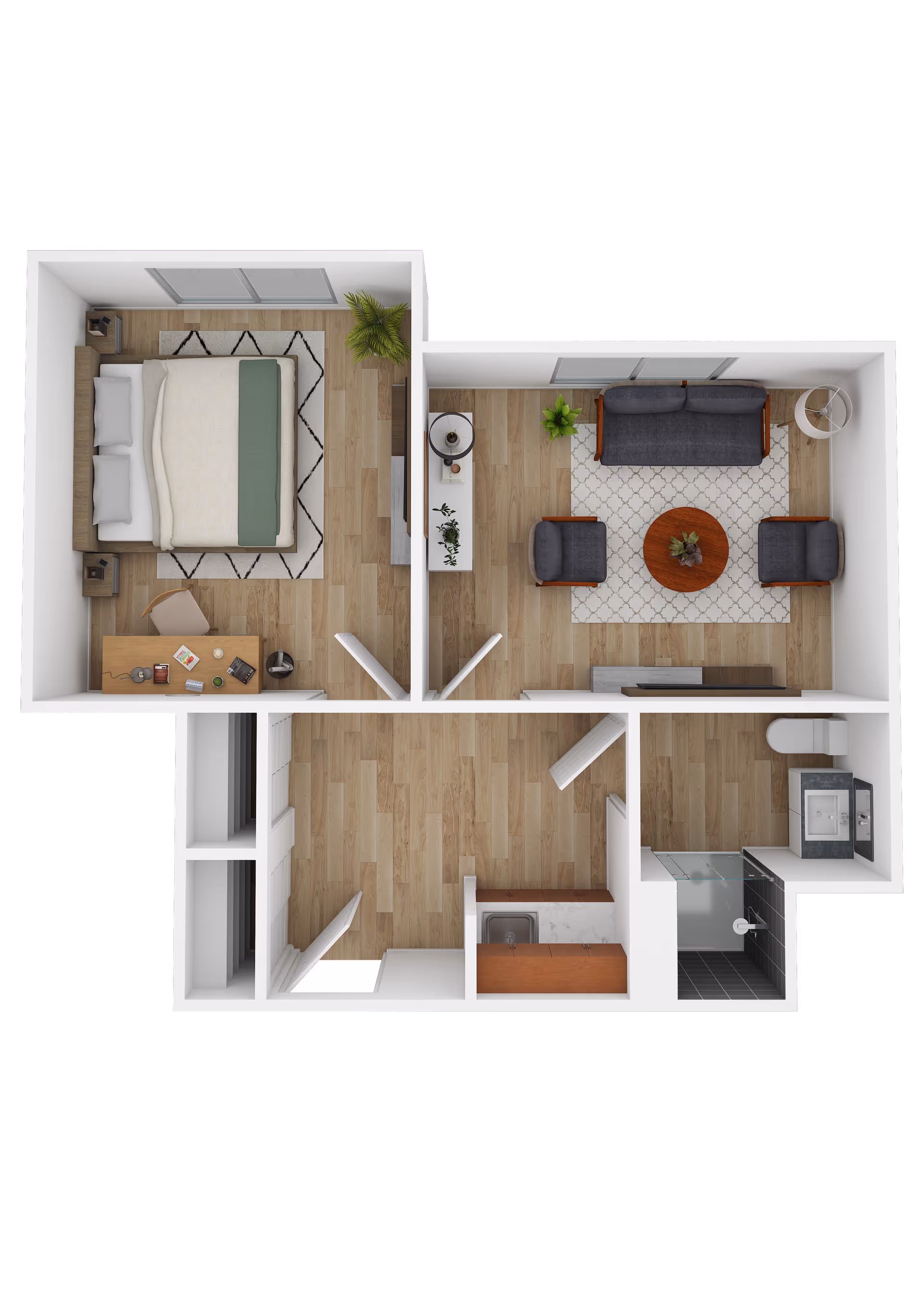 3D floor plan of a one-bedroom apartment featuring a bedroom with a bed, nightstands, a desk, and a plant; a living room with a sofa, two armchairs, a coffee table, a TV stand, and plants; a bathroom with a shower, toilet, and sink; and a kitchen area with a sink and counter space.