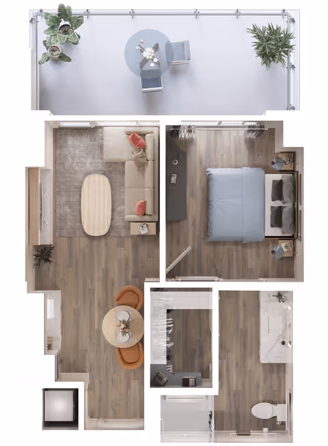 Top-down floor plan of a one-bedroom apartment showing a bedroom, living room with sofa, dining area, kitchen, bathroom, walk-in closet, and a balcony with a small table and plants.