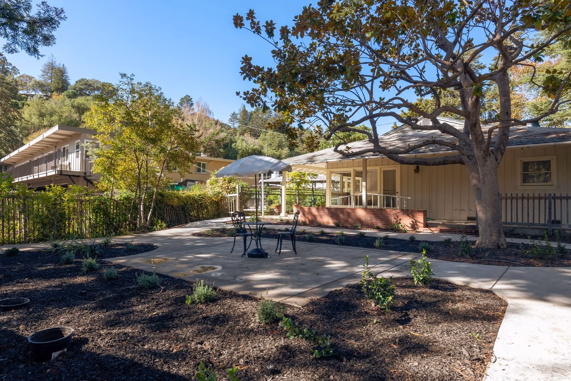 Outdoor courtyard with a small patio table and umbrella, pathways, planted beds, and an adjacent single-story building under trees.