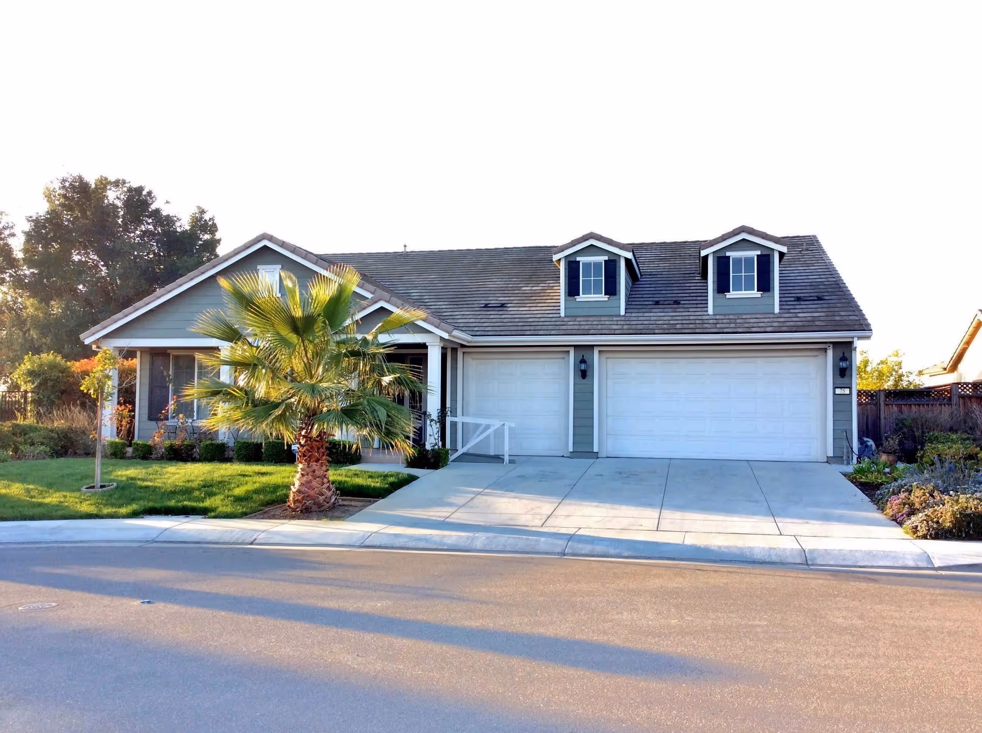 Front exterior of a single-story suburban house with a three-car garage, driveway, and a palm tree on the lawn.