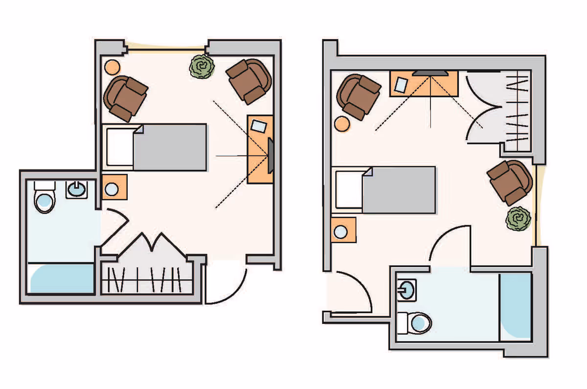 Illustrated floor plans of two studio-style senior living units showing a bed, seating area with chairs, a TV/desk, closet space and a bathroom each.