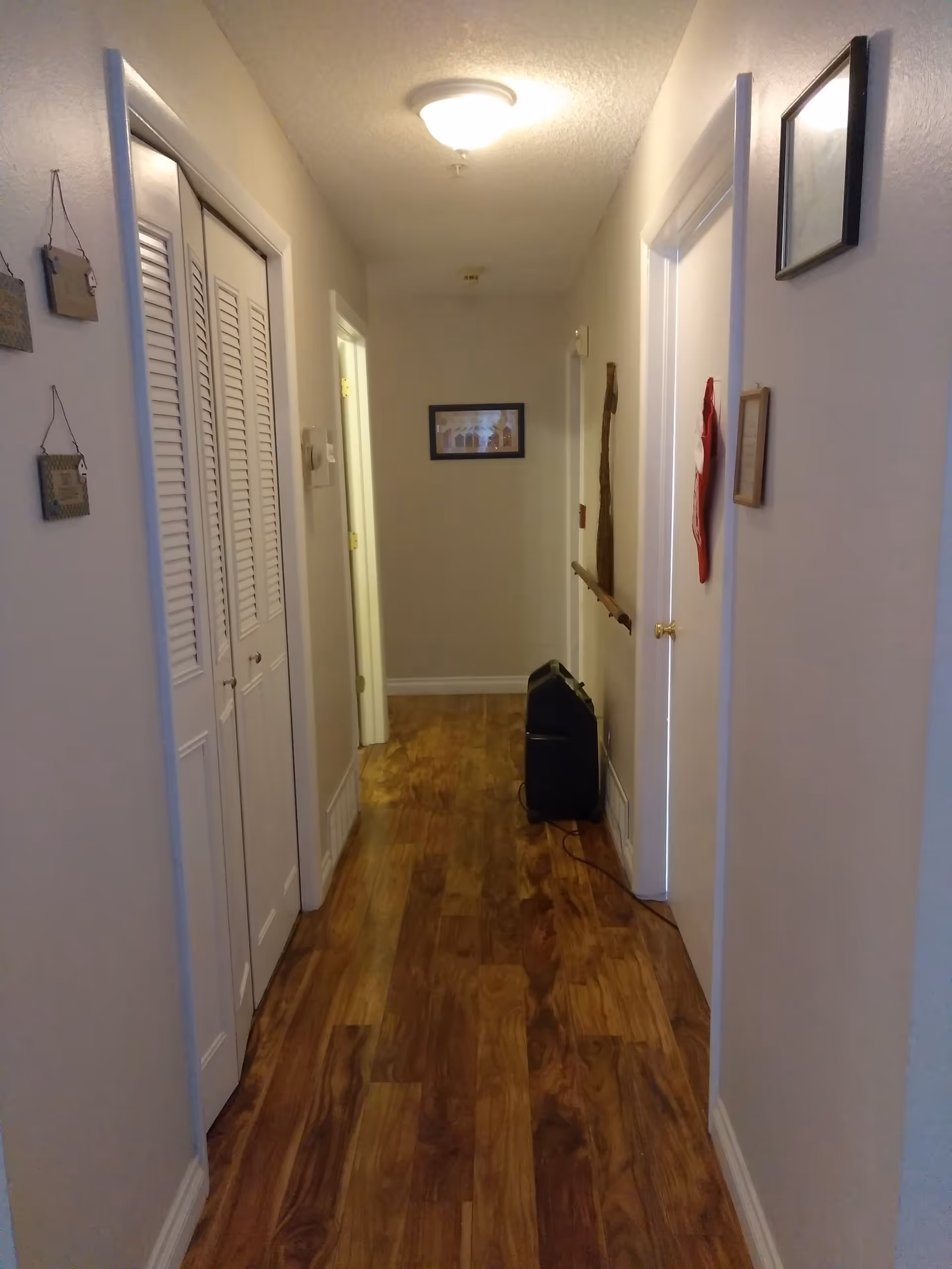 A narrow hallway with wooden flooring and beige walls. There are white doors on both sides, a framed picture on the far wall, and a small black appliance on the floor near the right wall. The ceiling has a round light fixture.