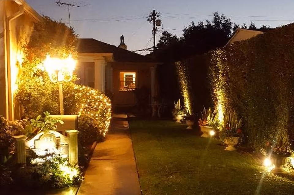 A nighttime outdoor garden area with a lit pathway leading to a building entrance. The garden is decorated with string lights wrapped around bushes and spotlights illuminating tall hedges and potted plants. A lamp post with multiple lights is also visible near the pathway.