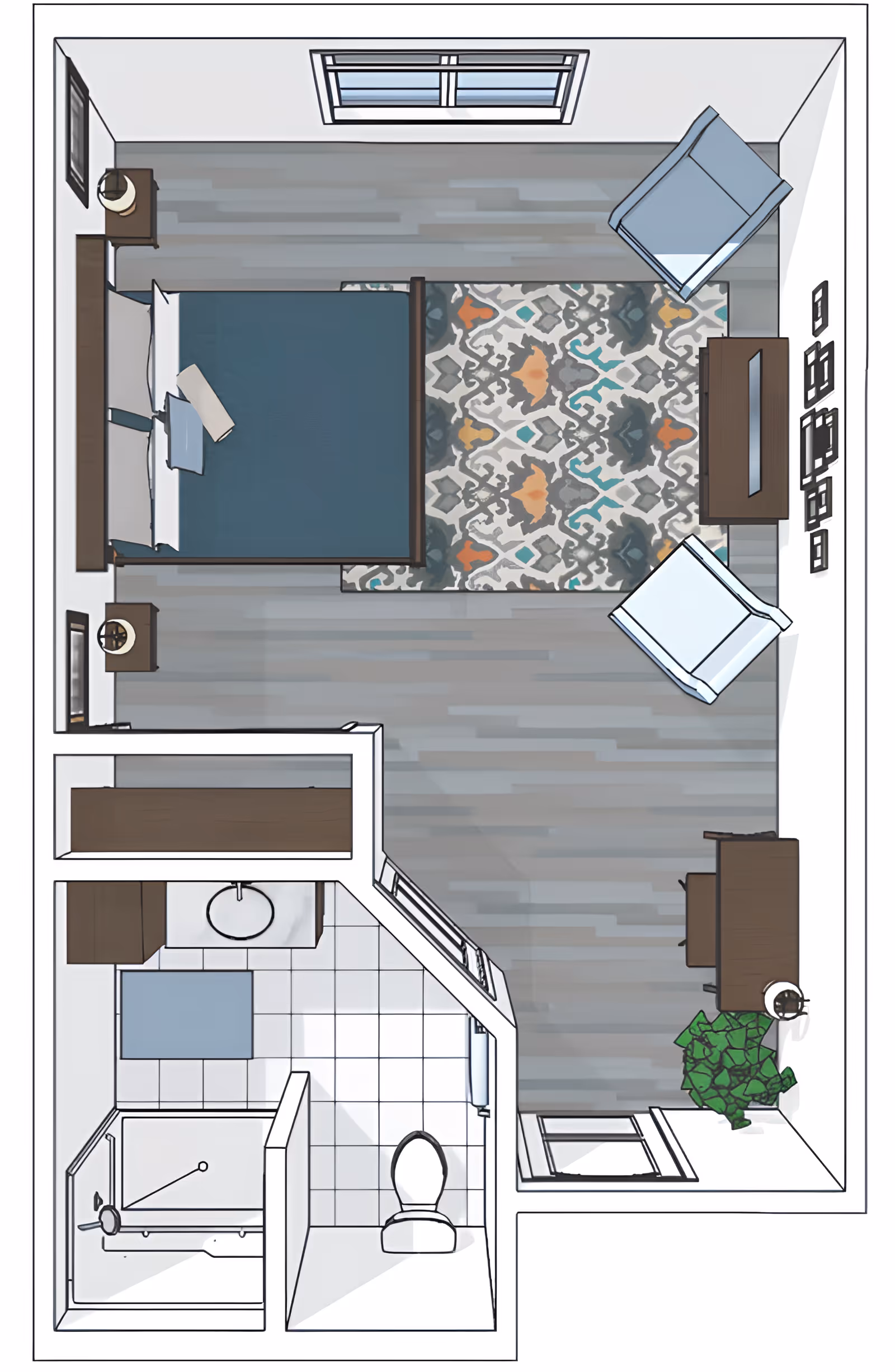 Top-down view of a senior living facility room layout featuring a bedroom area with a bed, two nightstands with lamps, two armchairs, a patterned rug, a dresser with a TV, a desk with a chair, and a plant. The room also includes a bathroom with a shower, toilet, and sink.