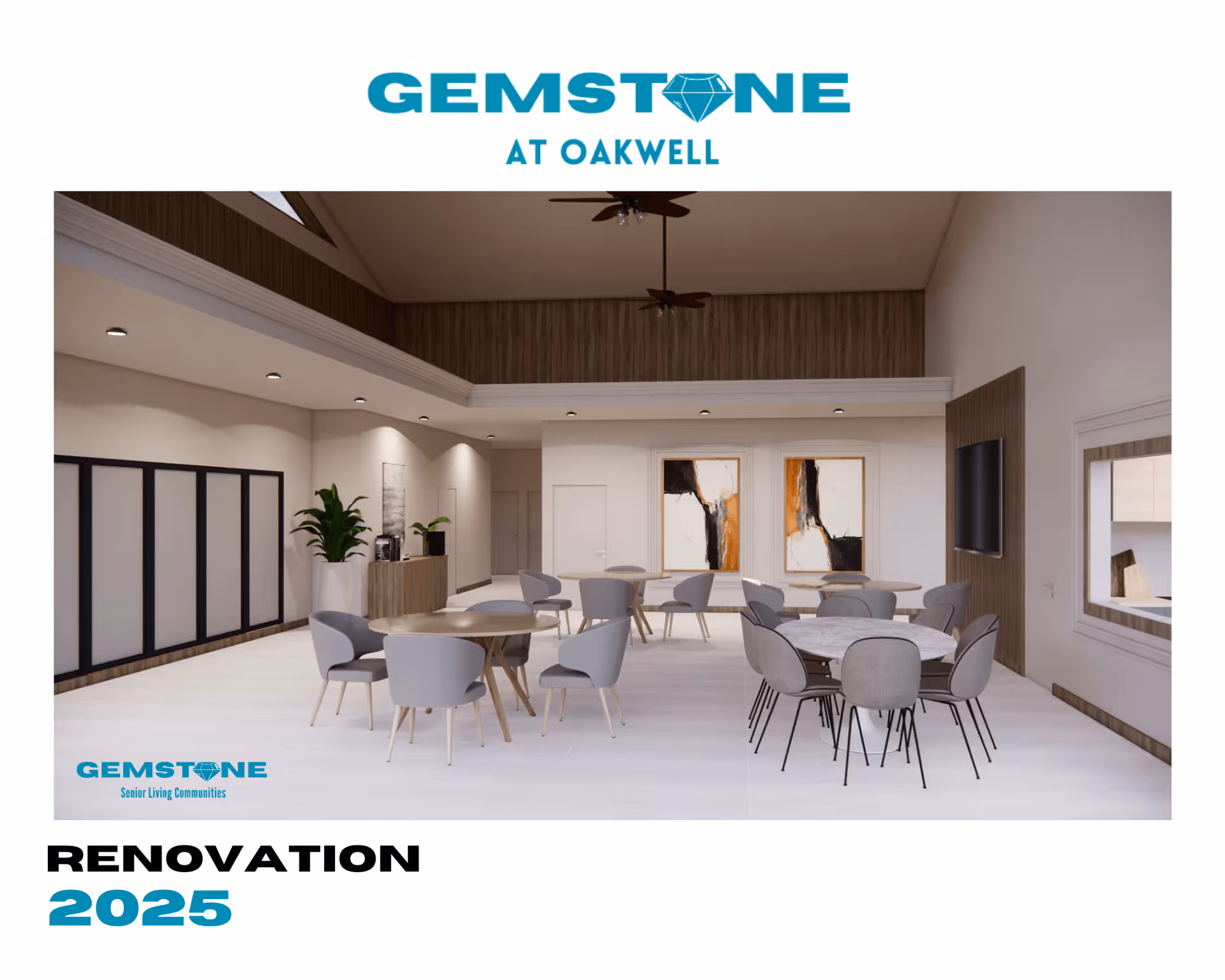 A modern senior living community common area with multiple round tables and chairs arranged for socializing or dining. The room features high ceilings with ceiling fans, abstract artwork on the walls, a mounted flat-screen TV, and large windows allowing natural light. The space has a clean, neutral color palette with light flooring and wood accents.