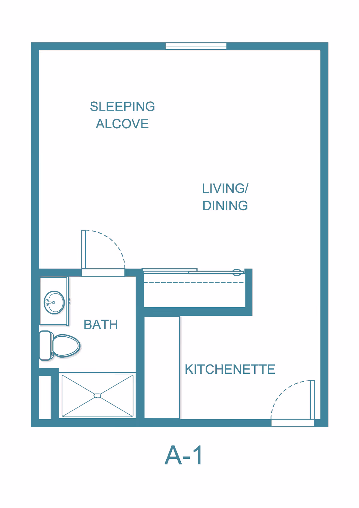 Architectural floor plan of a senior living studio apartment labeled A-1, showing a sleeping alcove, living/dining area, kitchenette, and a bathroom with a sink, toilet, and shower.