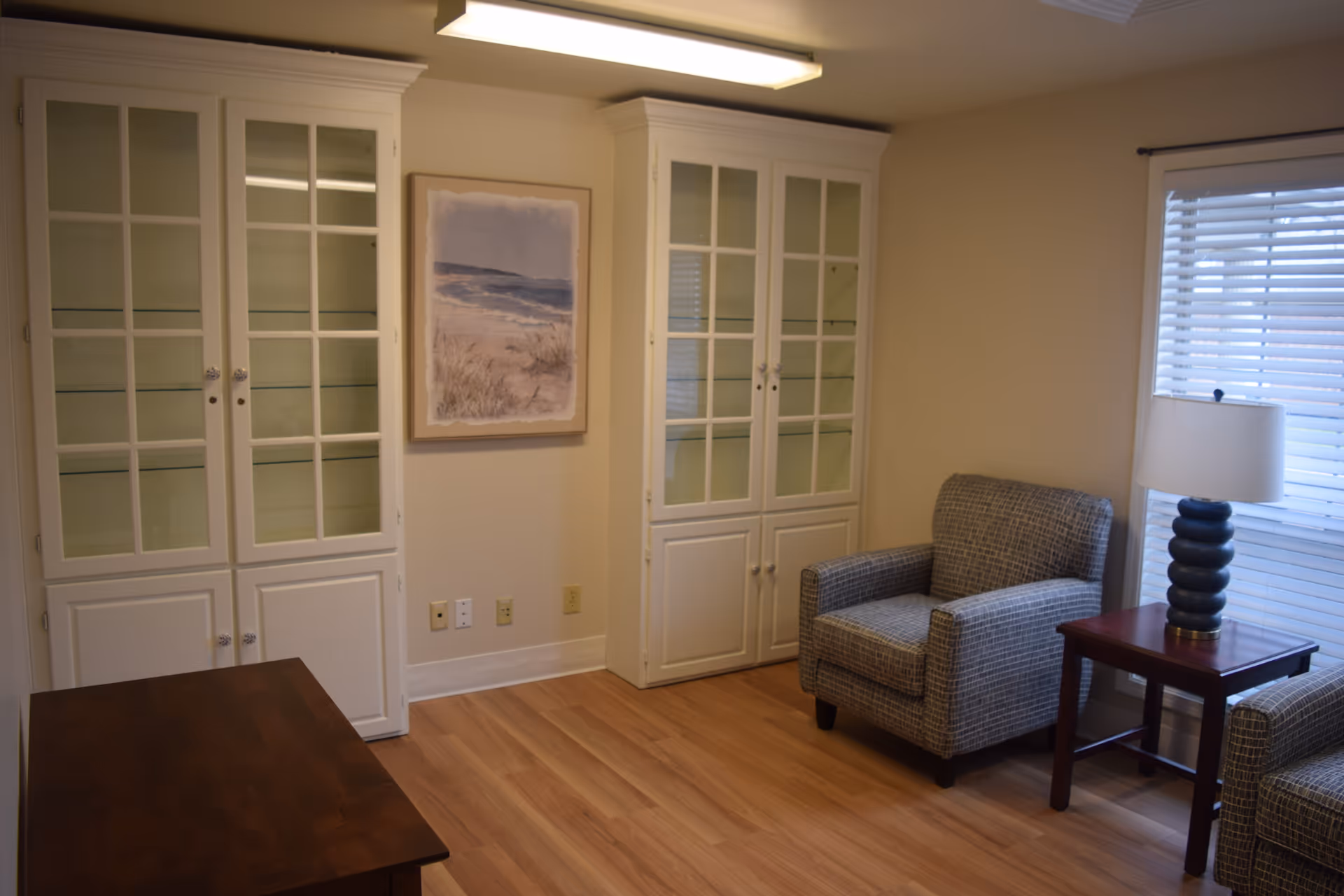 A cozy sitting area with two patterned armchairs, a wooden side table with lamp, and white glass-front cabinets against the wall.