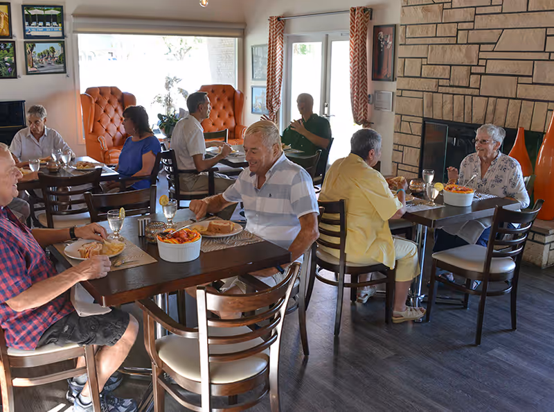 Several elderly people sitting at tables in a dining room, eating and conversing. The room has wooden chairs and tables, a stone fireplace, large windows with patterned curtains, and orange armchairs near the window.