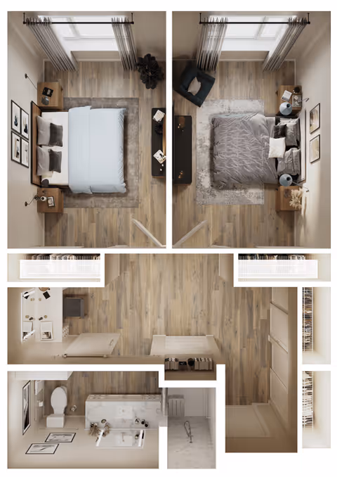 Top-down view of a senior living facility apartment layout featuring two bedrooms, a bathroom with a toilet and sink, a walk-in shower, and a hallway with closets. Each bedroom has a bed, nightstands, and windows with curtains. The bathroom has framed pictures on the walls and a marble countertop.