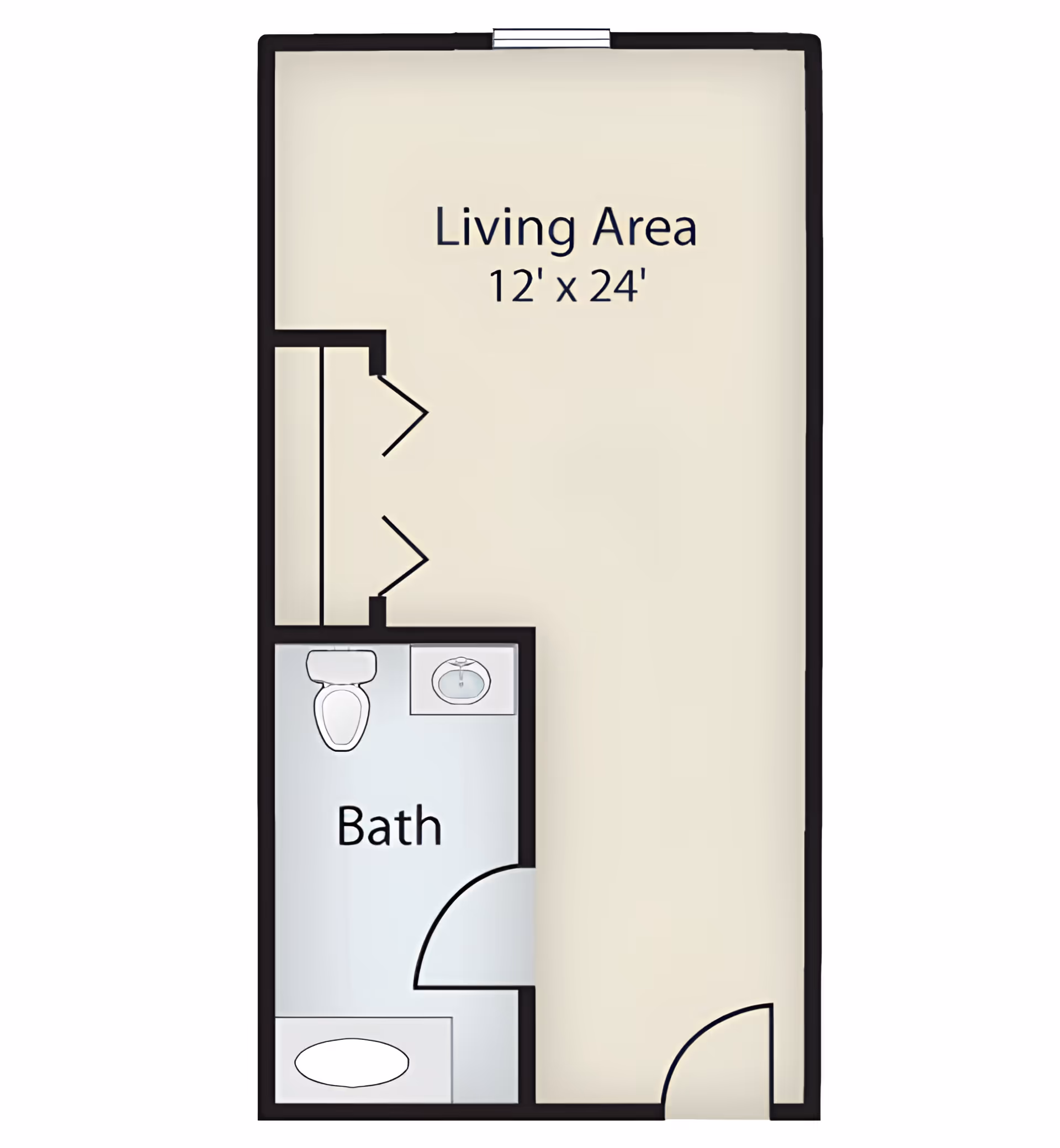 Floor plan layout showing a living area measuring 12 feet by 24 feet and a bathroom with a toilet, sink, and bathtub.