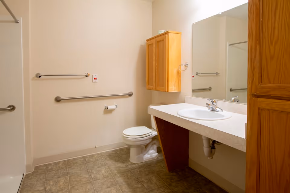 A clean and accessible bathroom with beige walls and tiled floor. It features a white toilet, a white sink with a countertop, a wooden cabinet mounted on the wall, and multiple stainless steel grab bars for support. There is a large mirror above the sink and a shower area partially visible on the left side.