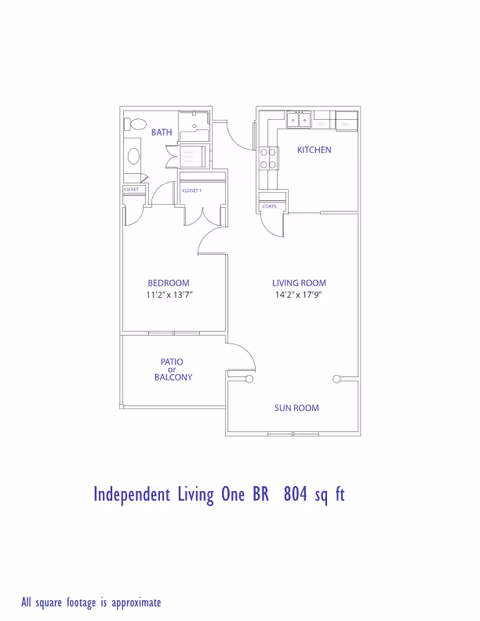 Floor plan of an independent living one-bedroom apartment with 804 square feet, showing a bedroom, bathroom, kitchen, living room, sun room, patio or balcony, and closets.